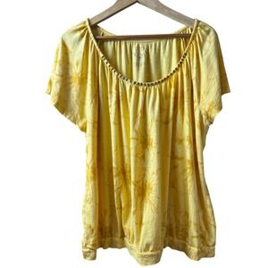 Sonoma Life + Style Yellow Floral Beaded Scoop Neck Blouse 2X Woman Short Sleeve